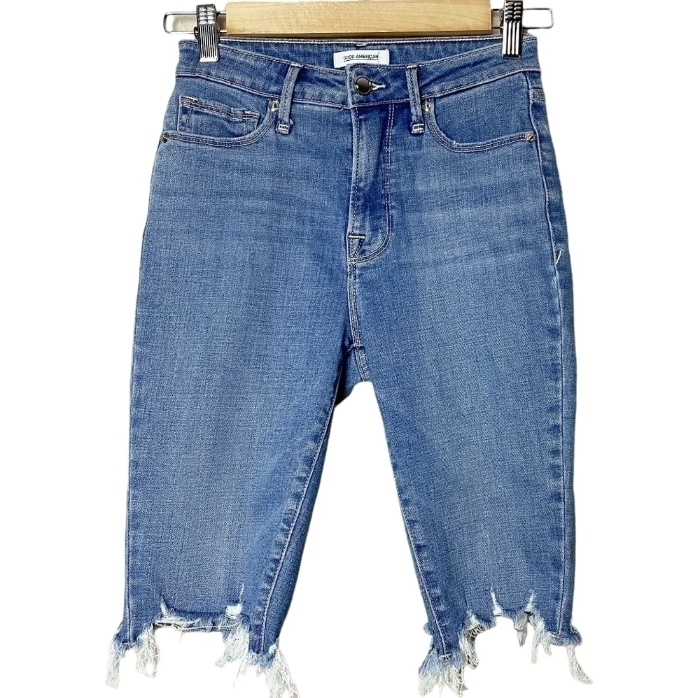 Good American Mid Rise Cutoff Bermuda Shorts denim blue jean stretch long knee